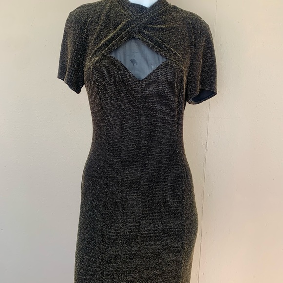 Vintage 90s Gold Peekaboo Evening Dress | Short Sleeve Mockneck Gown w Slit - Picture 2 of 11